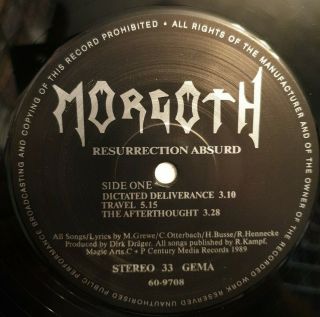 MORGOTH - RESURRECTION ABSURD.  (RARE) 1ST PRESS 1989.  CENTURY MEDIA 60 - 9708 MINT/VG 3