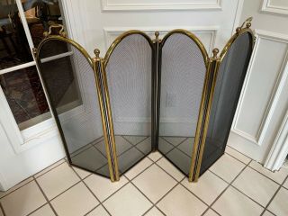 Heavy Antique Vintage Fireplace 4 Panel Folding Brass Fire Screen With Handles