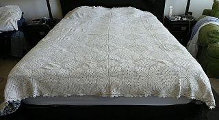 Vintage Handmade Crochet 84 X 84 White Cotton Queen/king Bedspread Or Tablecloth