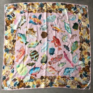 Vintage Gucci Fish Marine Life Pink Large Silk Scarf Rolled Edges No Care Tag