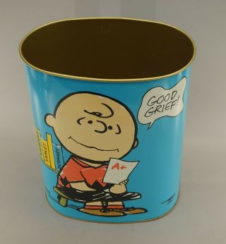 1969 Peanuts Charlie Brown And Snoopy Metal Trash Can 13 " Tall