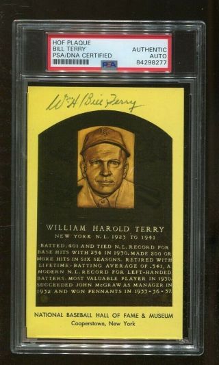 Bill Terry Signed Yellow Hof Plaque Autographed Giants Psa/dna 8277