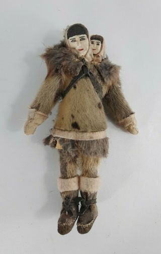 Antique Alaskan Eskimo Doll Mother & Child Inuit Handmade 11 "