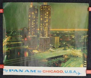 1960s Vintage Travel Poster " Fly Pan Am To Chicago,  U.  S.  A.  "