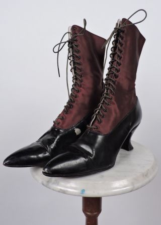 Antique Victorian 19th C Brown Silk Satin High Shoes / Boots