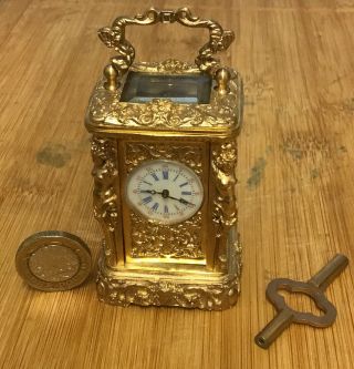 Miniature Ornate Gilt Desk Carriage Clock Complete With Key In Order