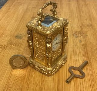 Miniature Ornate Gilt Desk Carriage Clock Complete With Key In Order 2