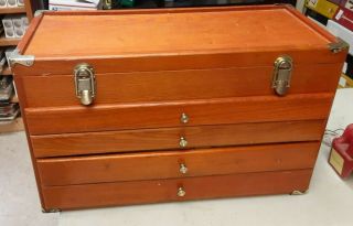 Eb3002 Vintage Wooden 4 Drawer Tool Box With Assorted Tools
