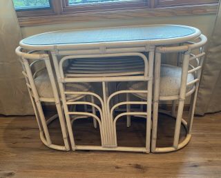 Vintage Bamboo Bistro Nesting Table And Chairs - Rattan Set With Glass Top