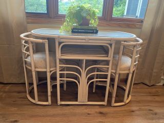 Vintage bamboo bistro nesting table and chairs - Rattan Set With Glass Top 4
