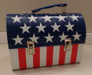 Vintage Tin Thermos Lunch Box Americana Us Flag Red White Blue Stars & Stripes