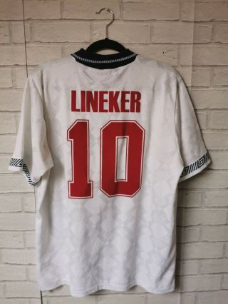 England 1990 World Cup 10 Lineker Home Umbro Vintage Football Shirt - Large