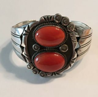 Large Vintage Old Pawn Native American Sterling Silver Red Coral Cuff Bracelet