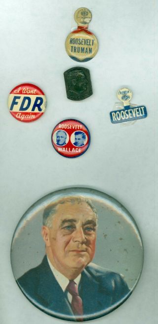 3 President Franklin Roosevelt Campaign Pinback Buttons,  Metal Stud & 2 Tabs