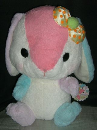 Amuse Pote Usa Loppy Bunny Rabbit Plush 16 " Big Pink & Blue With Bow & Tag