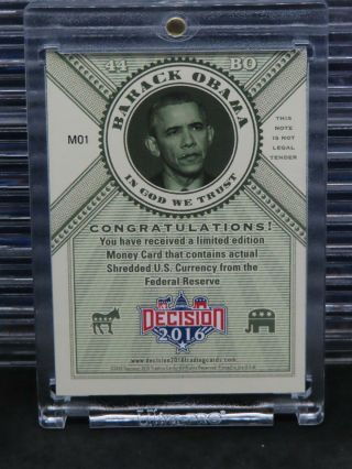 2016 Decision Barack Obama Limited Edition Money Card Shredded Currency MO1 O319 2