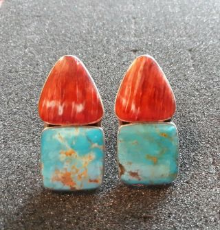 Vtg Sterling Silver Turquoise Red Spiny Oyster Federico Jimenez Clip On Earrings