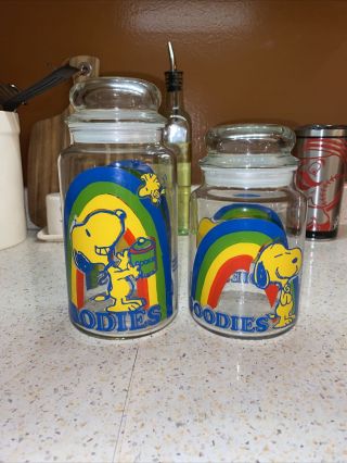 Set Of 2 - Vintage 1965 Peanuts Snoopy/woodstock Rainbo “goodies” Jar