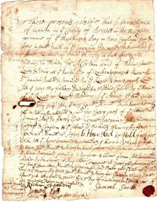1698,  Taunton,  Mass; Samuel Smith Land,  Thomas Leonard,  Many Other Signed