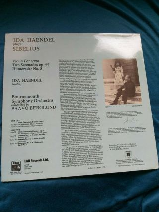 Ida Haendel Plays Sibelius hmv ASD 3199 Quadrophonic B/W ed1 NM LP 2
