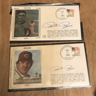 2 Pete Rose Signed 1985 First Day Envelopes,  Ty Cobb,  And Lifetime Hits,  /3500
