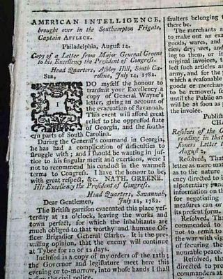 Revolutionary War Enemy London Chronicle England Savannah Georgia 1782 Newspaper