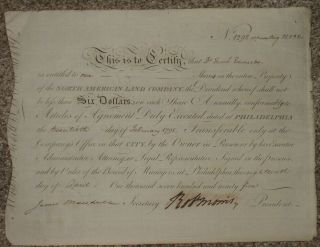 1795,  Robert Morris,  Declaration Signer,  Rare,  Land Company Cert. ,  Dr.  Edwards