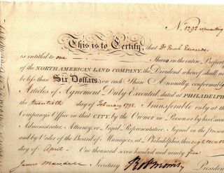 1795,  Robert Morris,  Declaration Signer,  RARE,  Land Company Cert. ,  Dr.  Edwards 4