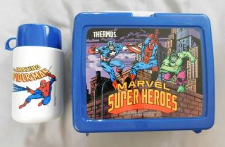 1990 Marvel Heroes Spider - Man Hulk Captain America Lunchbox & Thermos