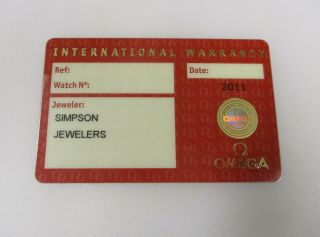 Open Red International Certificate Card Watch Jeweler Name & Code Omega