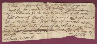 American Colonial Era Manuscript Document,  Promissory Note,  Pelham,  Nh,  1750