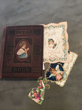 1890s Victorian Scrapbook 60,  Die Cuts Holiday Cut Outs Prints Antique Book