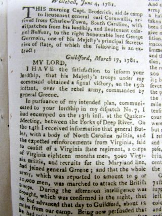 1781 Revolutionary War newspaper BATTLE of GUILFORD CH Greensboro SOUTH CAROLINA 3