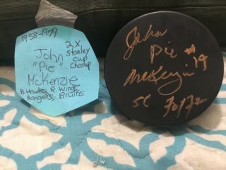John “pie” Mckenzie Signed Puck/.  Boston Bruins 2x Stanley Cup Champ,  Hawks,  Wings