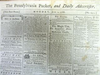 1788 Philadelphia PA newspaper wth 2 SLAVE ads & 2 RUNAWAY SLAVE REWARD ADS 2
