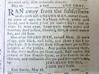 1788 Philadelphia PA newspaper wth 2 SLAVE ads & 2 RUNAWAY SLAVE REWARD ADS 3