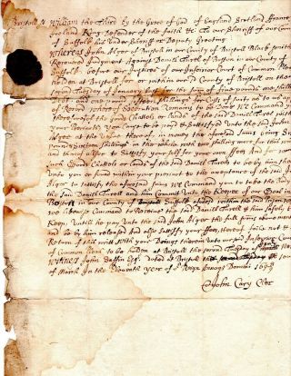 1699,  John Alger,  Blacksmith,  Bristol,  Mass; Writ Of Payment,  John Cary Signed