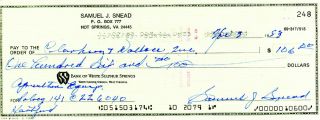 Sam Snead Certified Authentic Autographed Signed 3x8.  5 Check 248 135145