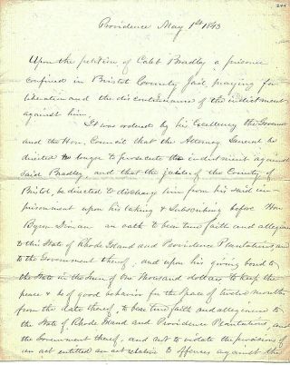 Rhode Island 1843 Dorr Rebellion Prisoner Release Order By Governor & Council