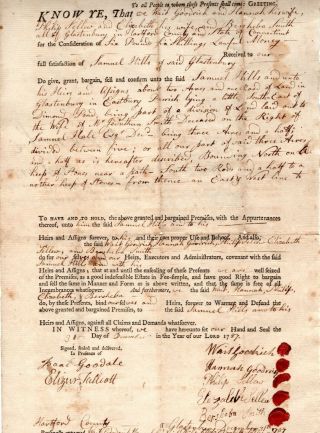 1787 Deed Glastonbury Ct Wait Goodrich & Others To Samuel Hills