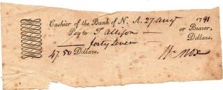 1791,  Major General Henry Knox,  Hand Signed Bank Of North America Check
