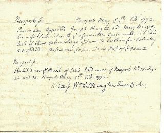 NEWPORT RHODE ISLAND DEED HARGILL TO MARY WANTON WITH IMPORTANT SIGNATURES 1772 3