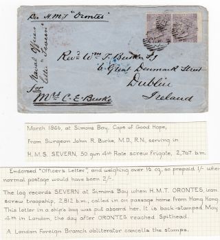 1866 Qv Rare Hms Severn Gun Ship Cover With 2 X 6d Stamp Pl 5 To Dublin Cat £450