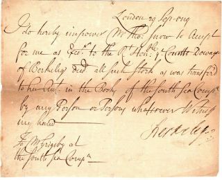 1719,  South Sea Bubble,  Transfer Of Tea Shares,  Lord Berkeley Signed