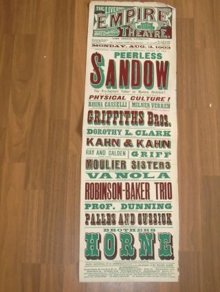 Aug 1903 Liverpool Empire Theatre Poster The Peerless Sandow,  Variety Bi