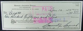 Sam Snead Pga Hall Of Fame - 1975 Hand Signed Personal Check Cancelled 149337