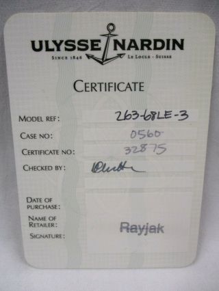 Ulysse Nardin Guarantee Certificate Card For Maxi Marine Blue Wave Ref 263 - 68 Le