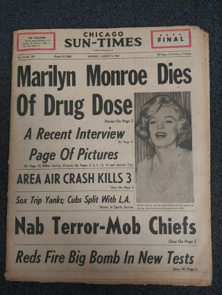Marilyn Monroe Death - Movie Star - Hollywood - 1962 Chicago Newspaper
