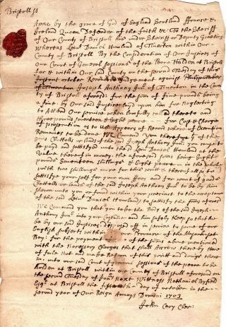 1703,  Tiverton,  R.  I. ,  John Cary,  Samuel Gallop Signed Writ,  Lt.  Daniel Howland