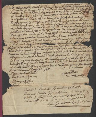 Colonial Period Manuscript Document.  Taunton,  Bristol,  Conn,  1765